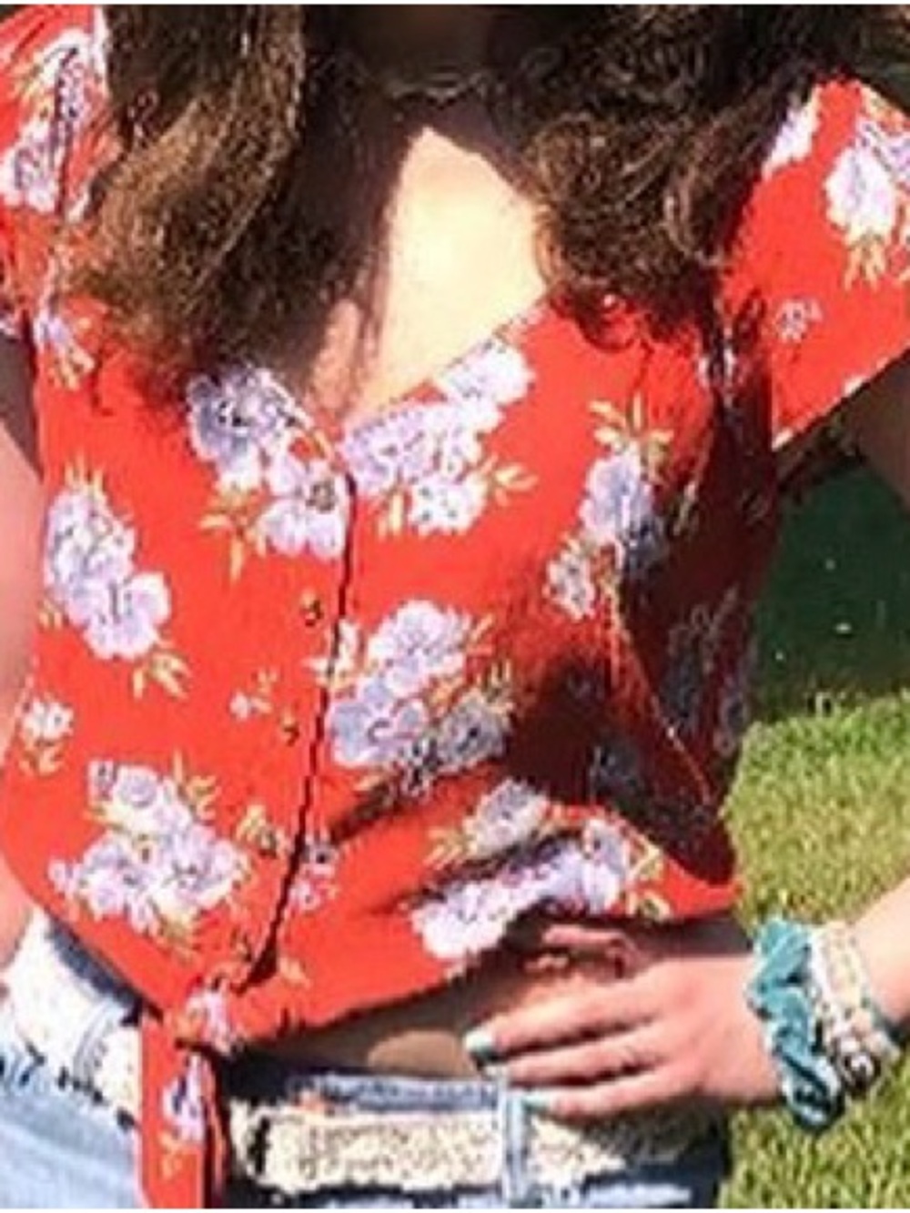 American Eagle Outfitters Red Floral Button Front Tie Top
